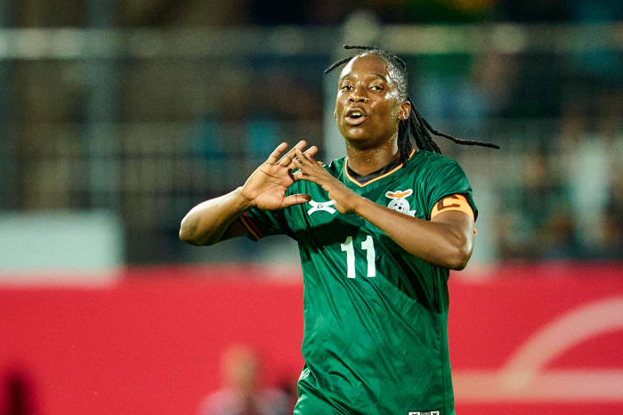 Barbra Banda pictured playing for the Zambia women's national team during a friendly match against Germany in July 2023